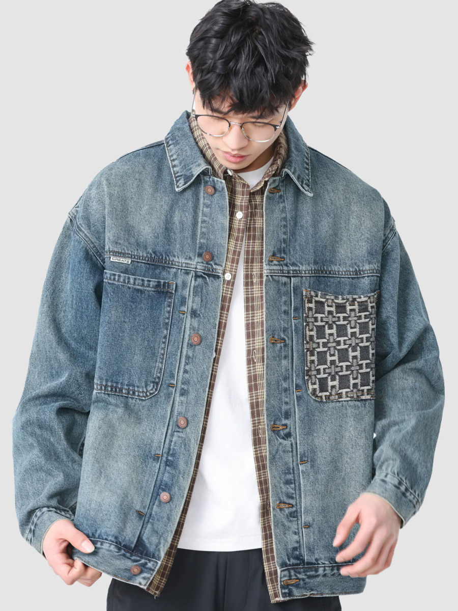 Street Fashion Hong Kong - Vintage Embroidery Pocket Denim Jacket Men's