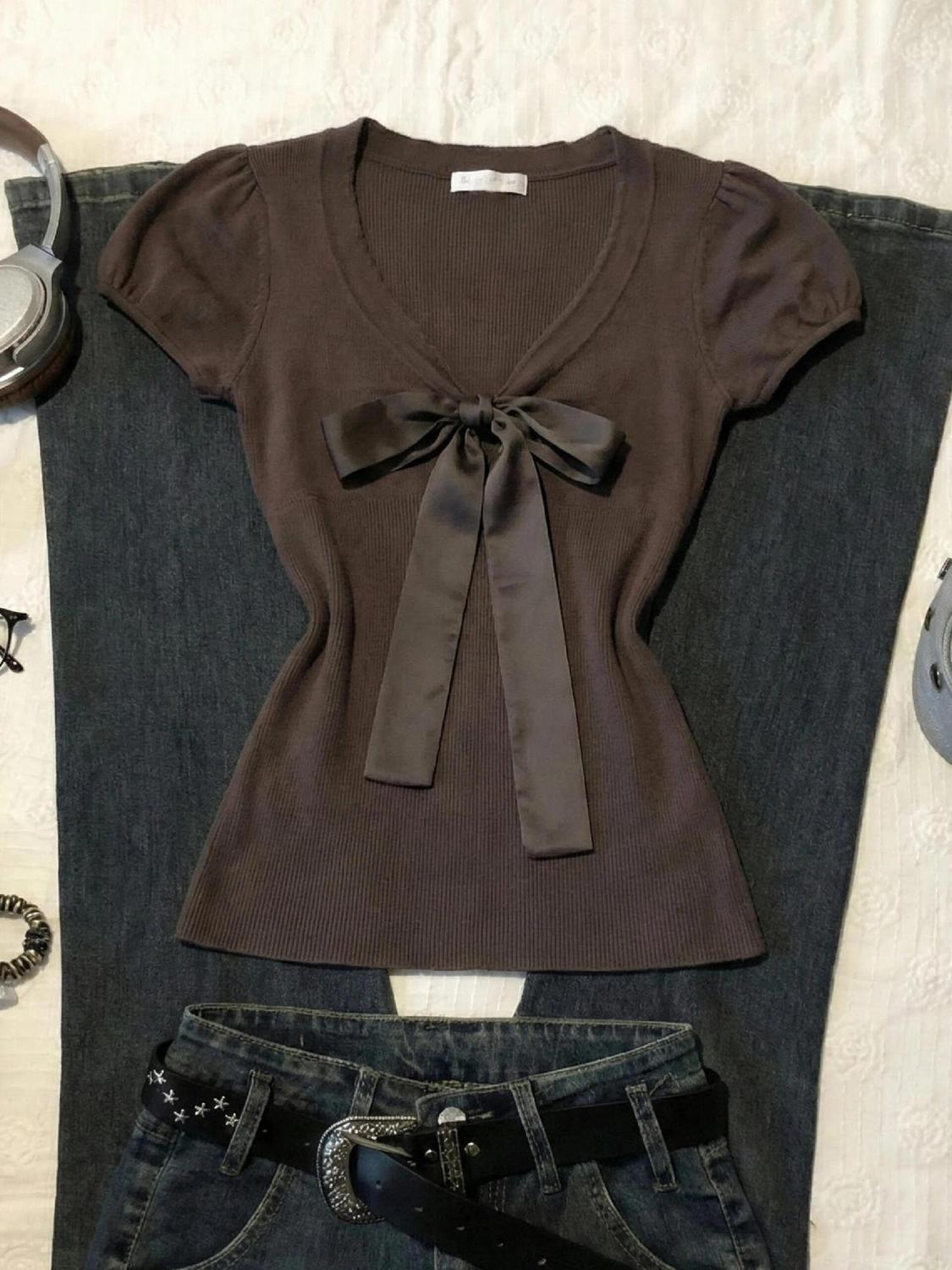 Vintage T-shirt Bow Y2k Slim S - Street Fashion Goth 评论和价格