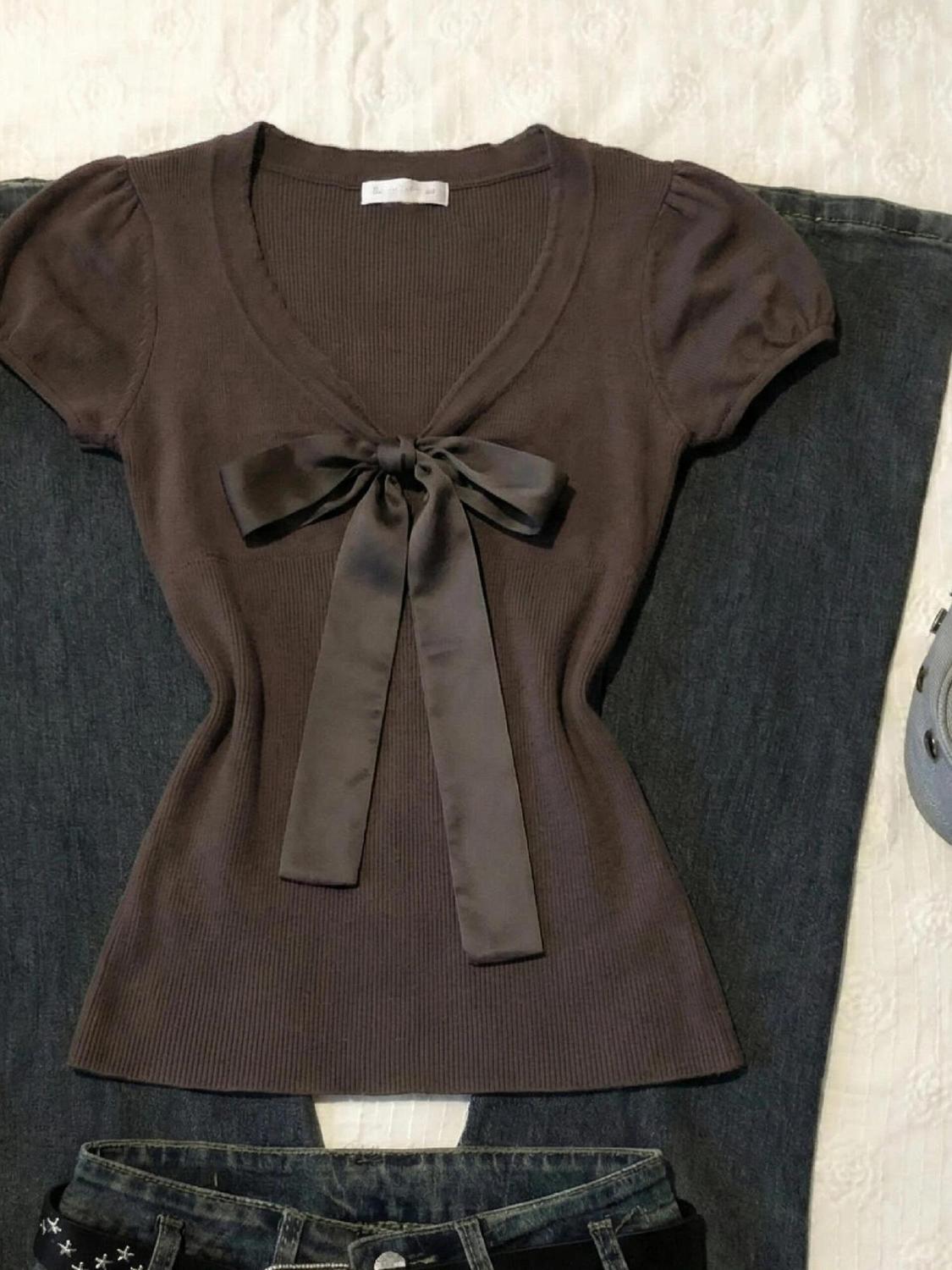 Vintage T-shirt Bow Y2k Slim S - Street Fashion Goth 评论和价格