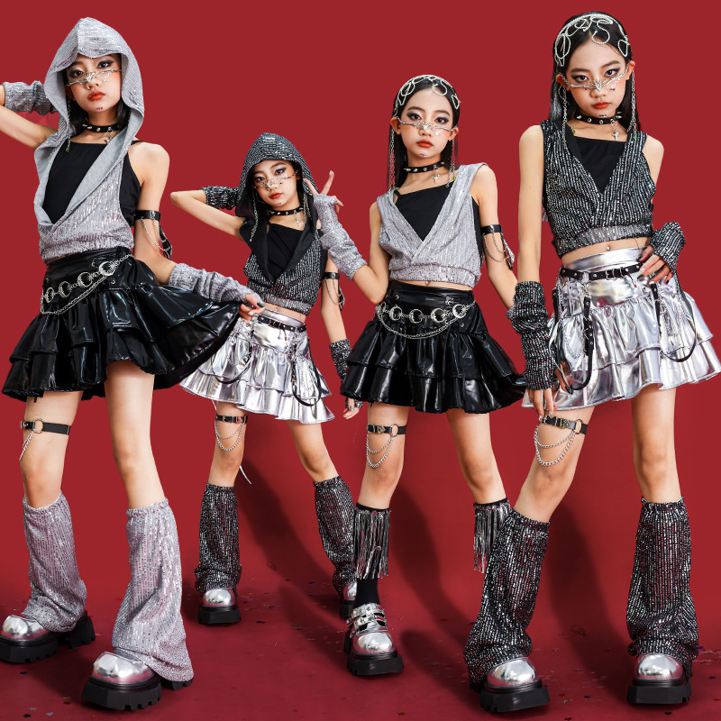 Girls Hip Hop Sequin Crop Hood - Street Fashion Goth 评论和价格